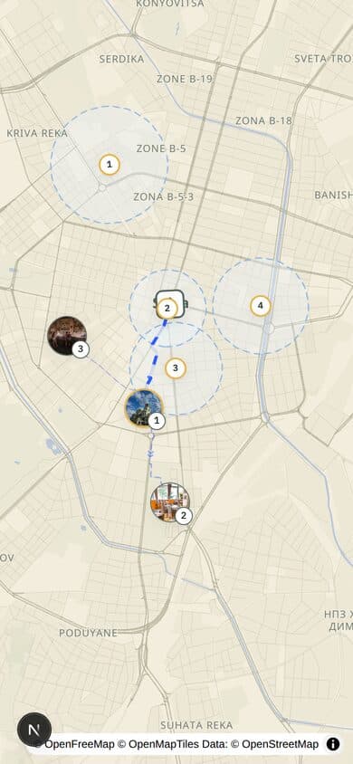 A paper quest map of Sofia with numbered stops and dashed search rings